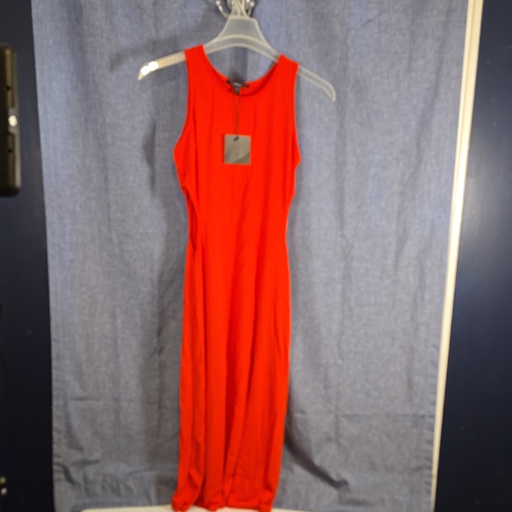 See You Monday Vibrant Redish Orange Midi Keyhole Dress Large NWT